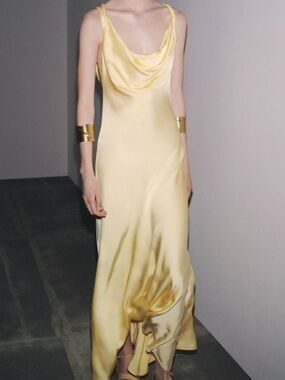 Zara ZW Collection Satin Long Dress Yellow Size XS